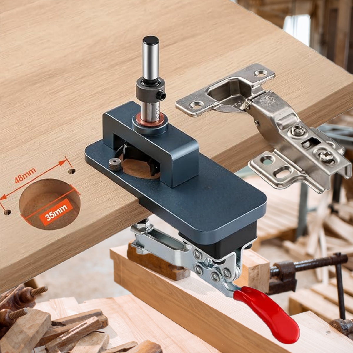 Furniture Hardware Fitting - ชุดเครื่องมือเจาะบานพับขนาด 35 มม. - ตัวนำเจาะที่แม่นยำพร้อมขอบปรับได้และตัวล็อคแบบเร็ว -